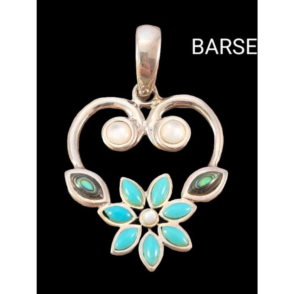 Barse Turquoise & Abalone Open Heart Flower Sterling Silver Pendant